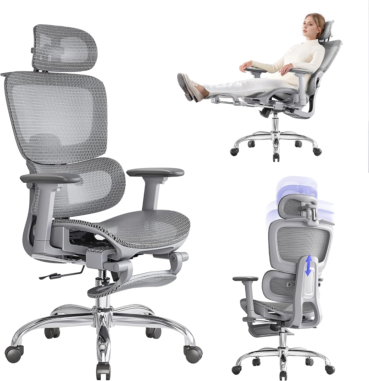 Office Chair with Footrest, Ergonomic Chair with 3D Headrest, Computer Chair with Adjustable Backrest & 3D Armrest, Gaming Chair with Adaptive Lumbar Support, Mesh Backrest & Cushion, Grey