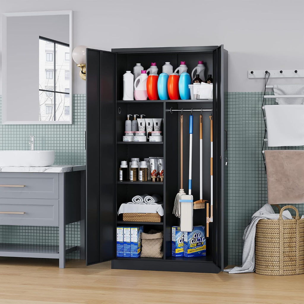 72' H Metal Garage Storage Cabinets, Lockable Broom Closet Cabinet with Hanging Rod & Doors, 5-Tier Steel Utility Cabinets for Garage, Laundry Room, Warehouse Storage, Black