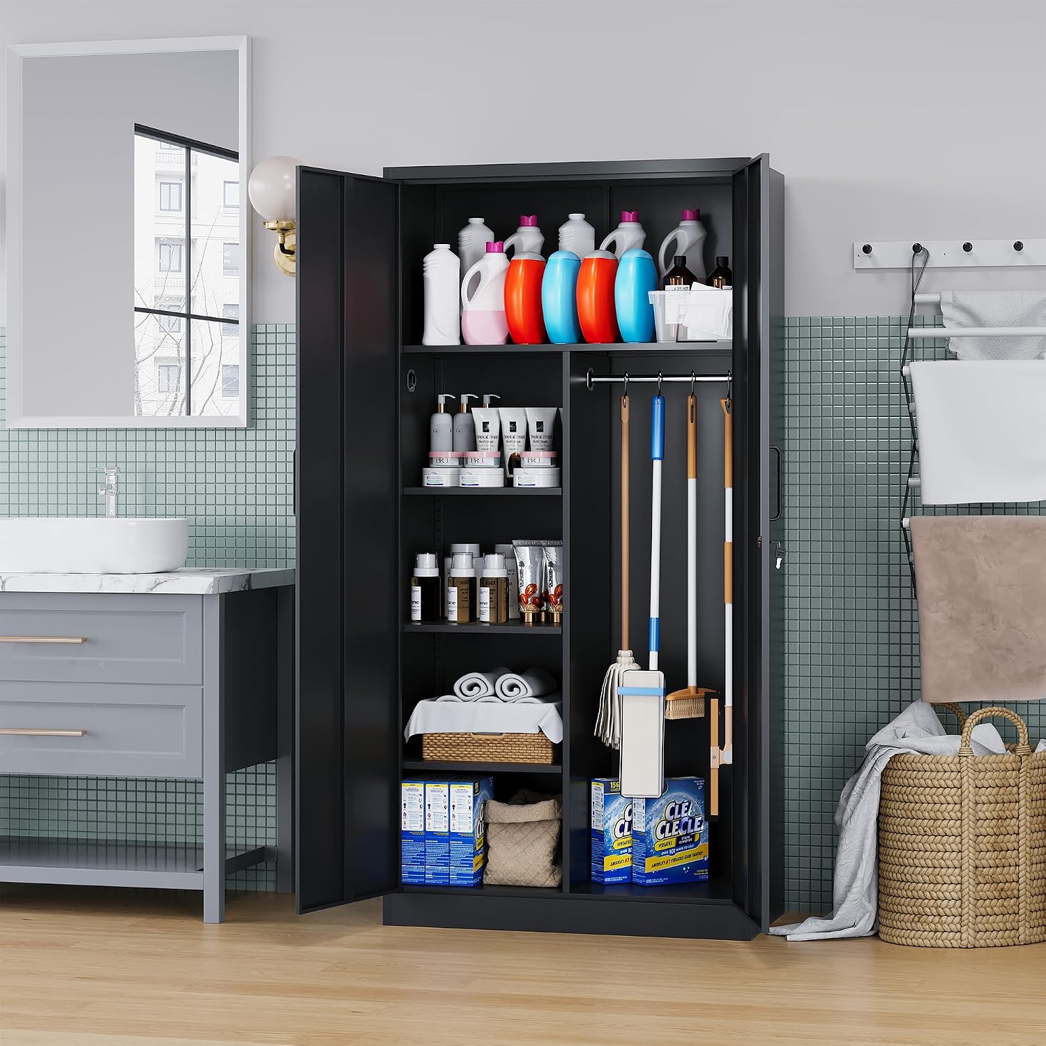 72' H Metal Garage Storage Cabinets, Lockable Broom Closet Cabinet with Hanging Rod & Doors, 5-Tier Steel Utility Cabinets for Garage, Laundry Room, Warehouse Storage, Black
