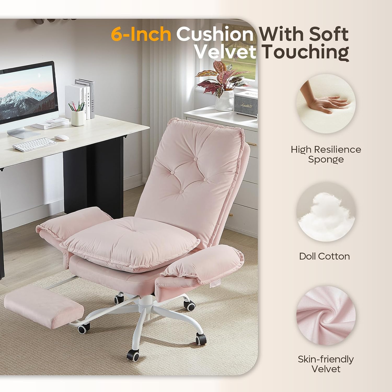 Bestier Criss Cross Office Chair with Flip-Up Armrests, High Back Executive Chair with Footrest & Wheels, Cross Legged Desk Chair for Home Office, Pink Velvet