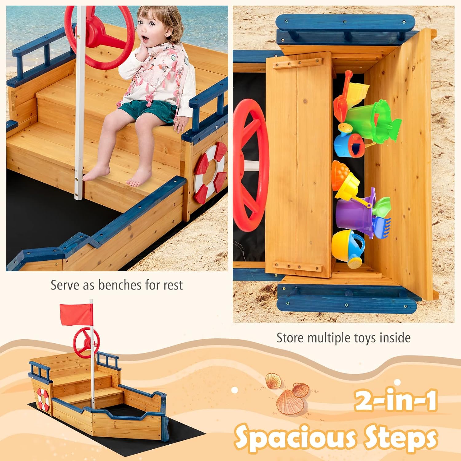 Costzon Pirate Boat Wood Sandbox for Kids, Wooden Pirate Sandpit w/Bench Seat, Storage Space, Ground Liner, Realistic Flag Rudder Buoy, Children Outdoor Playset for Backyard, Home, Lawn, Garden