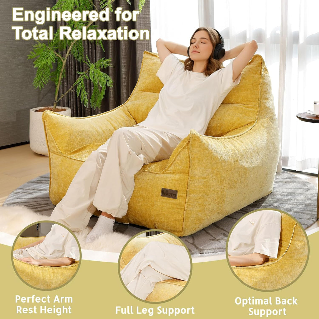 Oversized Fluffy Bean Bag Chair for Adults – Giant Cozy Bean Bag Sofa Chair with Armrests, Handle & Non-Slip Base for Your Reading Nook, Bedroom or Living Room(Yellow-XL)