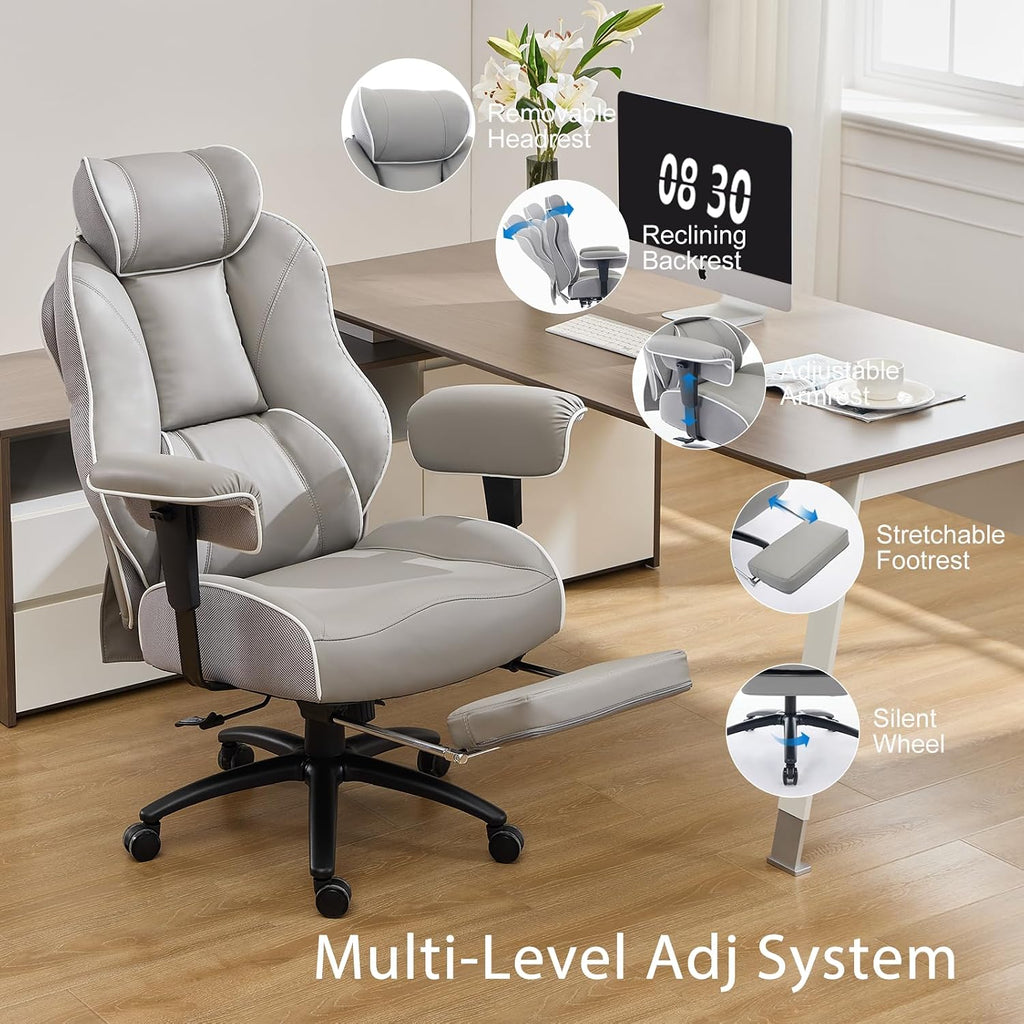 DJ·Wang Big and Tall Office Chair with Foot Rest, High Back Executive Office Chair PU Leather, Ergonomic Chairs with Lumbar Support, 135° Reclining Chairs with Thickened Spring Cushion Gray