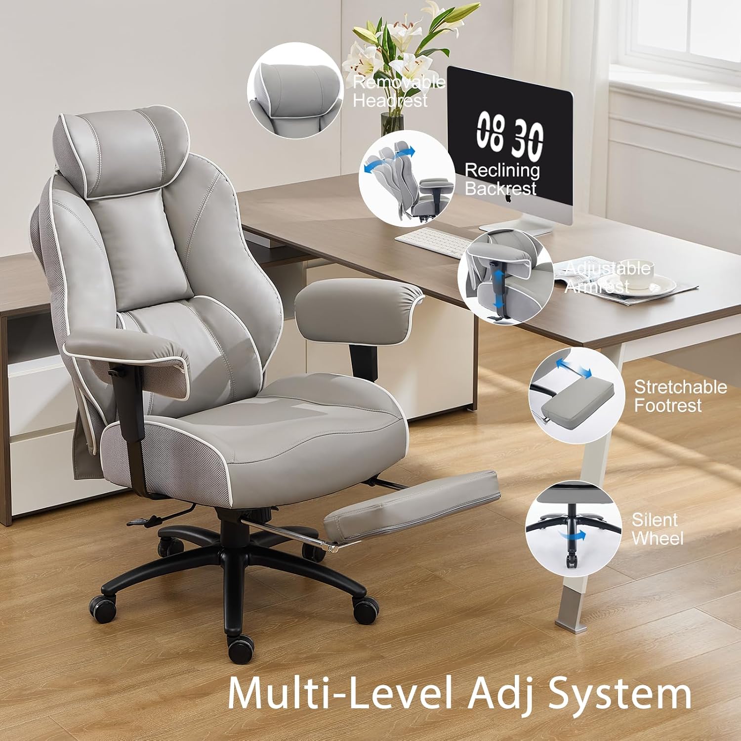 DJ·Wang Big and Tall Office Chair with Foot Rest, High Back Executive Office Chair PU Leather, Ergonomic Chairs with Lumbar Support, 135° Reclining Chairs with Thickened Spring Cushion Gray