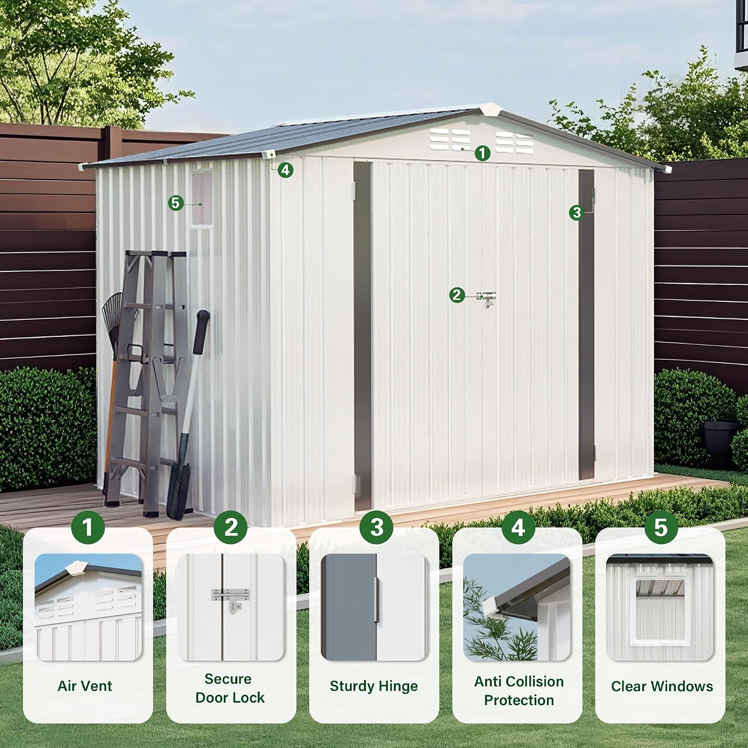 YOPTO Sheds & Outdoor Storage 6X8 FT,Metal Waterproof Tool Sheds with Side Window and Lockable Door,Backyard Buildings House W/Pitched Roof & Vents,for Garden,Lawn,Garbage Enclosure,White+Gray