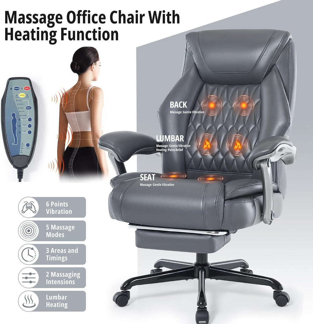 Massage Office Chair with Heat & Footrest, Ergonomic Reclining Executive Desk Chairs with 6-Point Vibration, PU Leather Computer Chair for Home Office or Gaming
