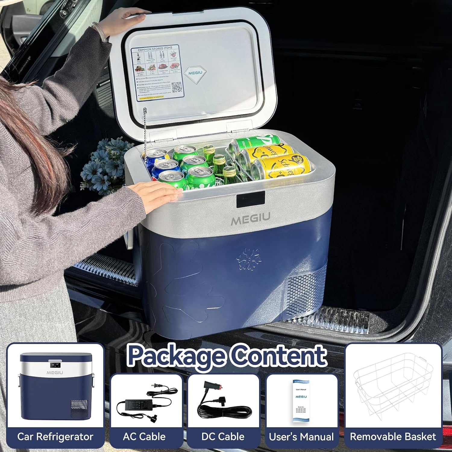 Megiu Car Refrigerator Portable Car Fridge 12V Refrigerator 23 Quart (22 Liter) Freezer Compressor Cooler 12V/24V DC 110～240 V AC for Outdoor Camping Travel Home Use -0.4℉~+59℉ (Blue)