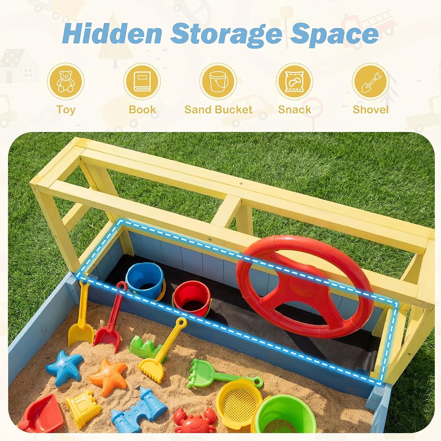 Costzon Sandbox, Fir Wood Car-Theme Sand Pit with Bottom Liner, Rotatable Rudder & Bench Seat for Kids Aged 18+ Months, Outdoor Playset for Backyard, Beach and Patio (Blue, Yellow)