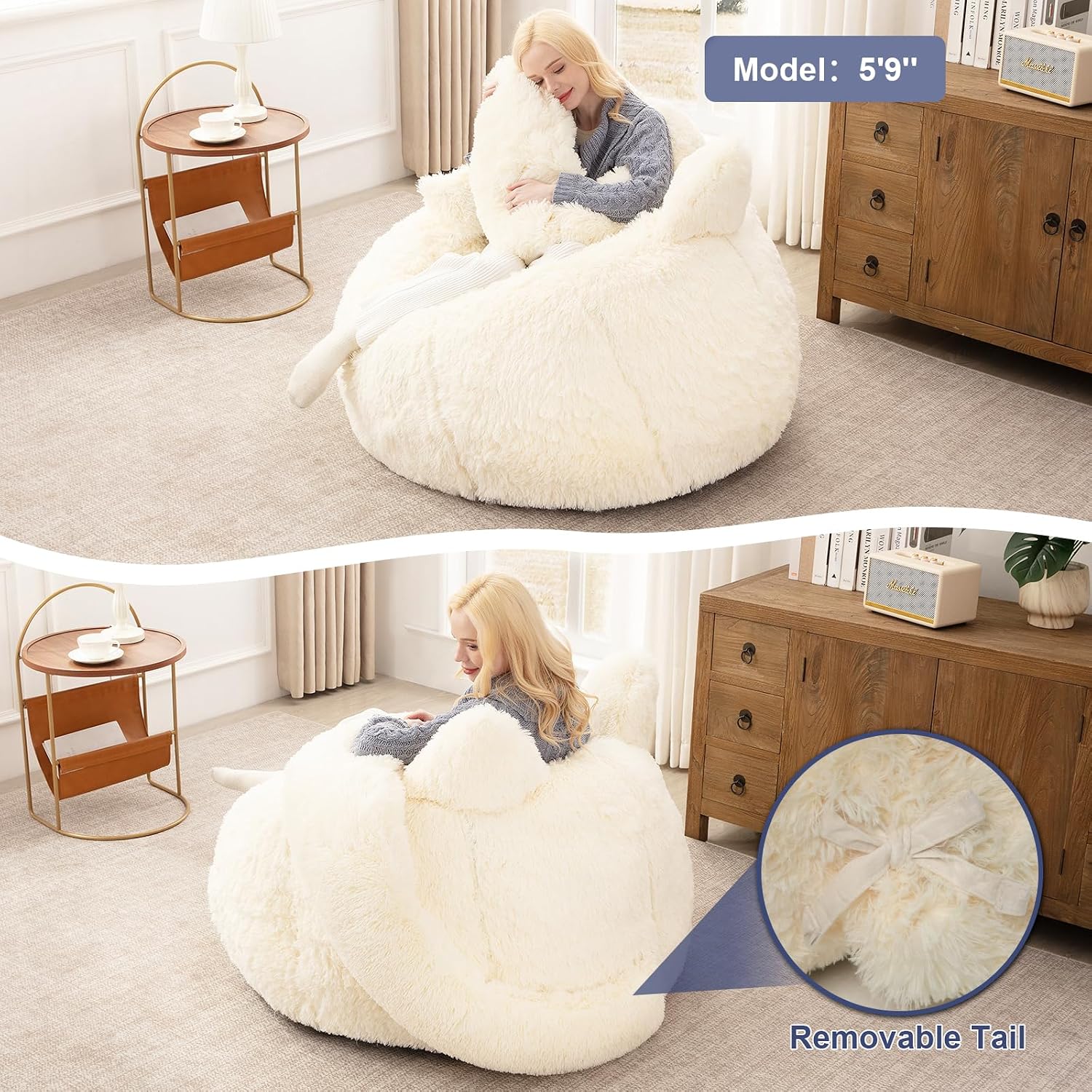 Achicsofar Bean Bag Chair for Adults Teens Giant Faux Fur Bean Bag Chairs with Filler Fluffy Plush Cat Shaped Beanbag Couch Comfy Accent Floor Sofa for Gaming, Reading in Living Room, Bedroom, Dorm