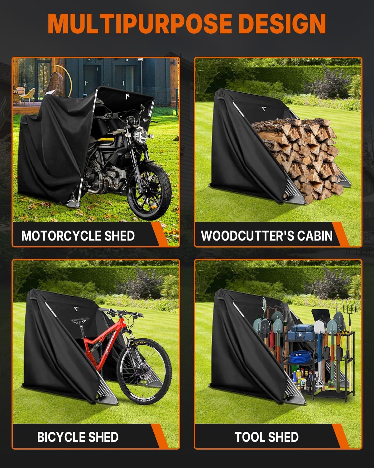 PROEZE Heavy Duty Motorcycle Shelter Storage Sheds Motorcycle Garage, 136'x54' x75' Motorcycle Cover Waterproof Outdoor Motorcycle Tent with Lock