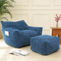 Giant Bean Bag Chair with Ottoman, Comfy Bean Bag Couch with 2 Side Pocket, Corduroy Boneless Couch Chair in a Box, Stuffed Lounge Floor Sofa for Dorm, Bedroom, Living Room, Blue