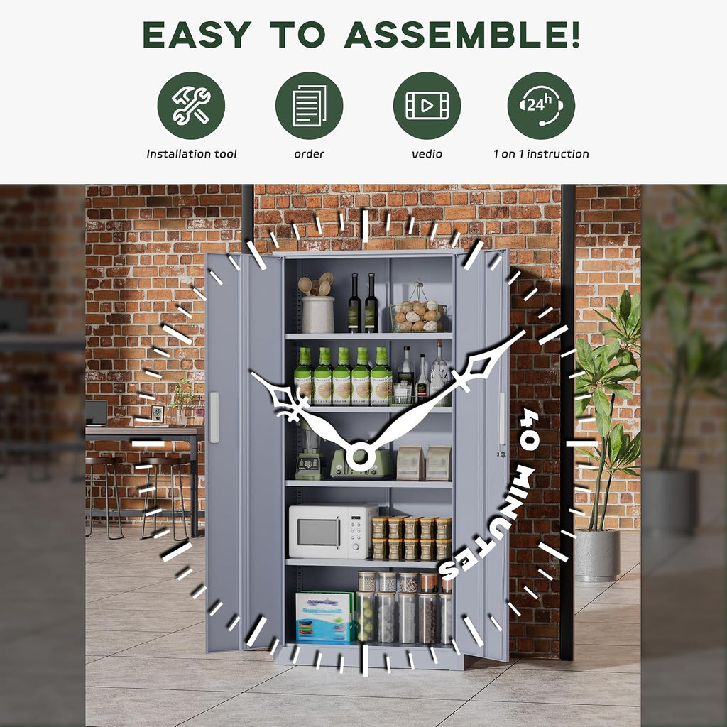 Greenvelly Metal Garage Storage Cabinet, 72' Tall Locking Steel Cabinet with 2 Doors and 4 Adjustable Shelves, Utility Metal Filing Cabinet with Lock for Home, Office, Garage, School (Dark Grey)