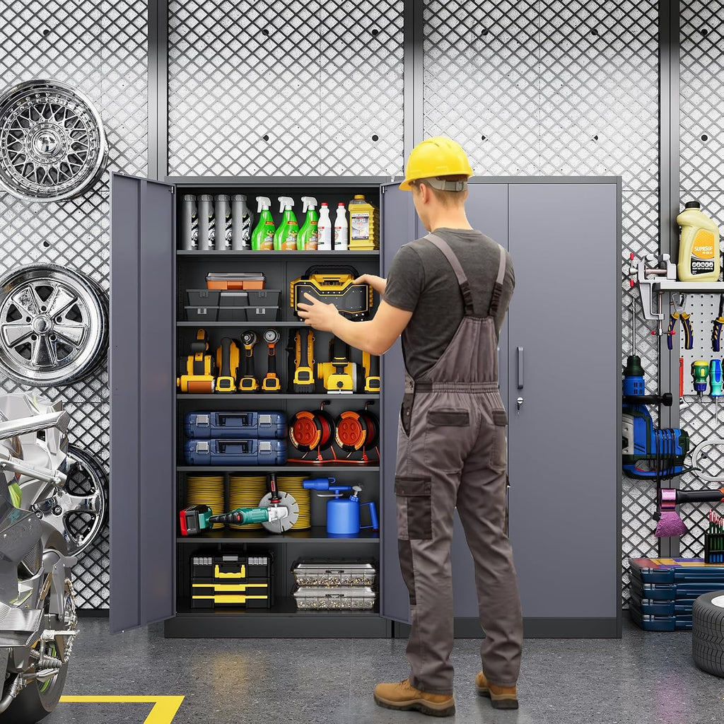 Metal Garage Storage Cabinet, 71/ inchs Locking Storage Cabinet with 2 Doors and 4 Adjustable Shelves, Lockable Metal Cabinet for Office,Home,Garage,Gym,School（Gray Black） SC9005D