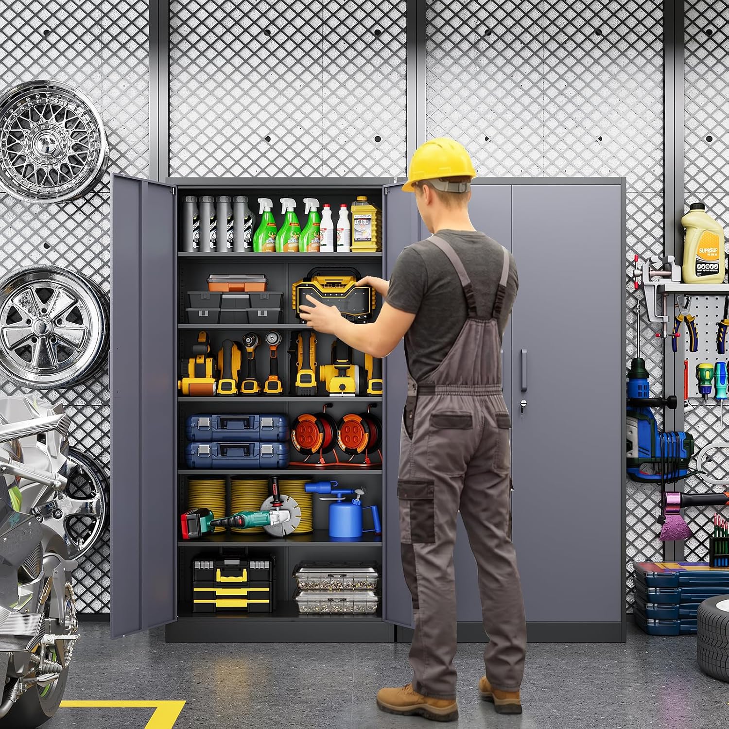 Metal Garage Storage Cabinet, 71/ inchs Locking Storage Cabinet with 2 Doors and 4 Adjustable Shelves, Lockable Metal Cabinet for Office,Home,Garage,Gym,School（Gray Black） SC9005D