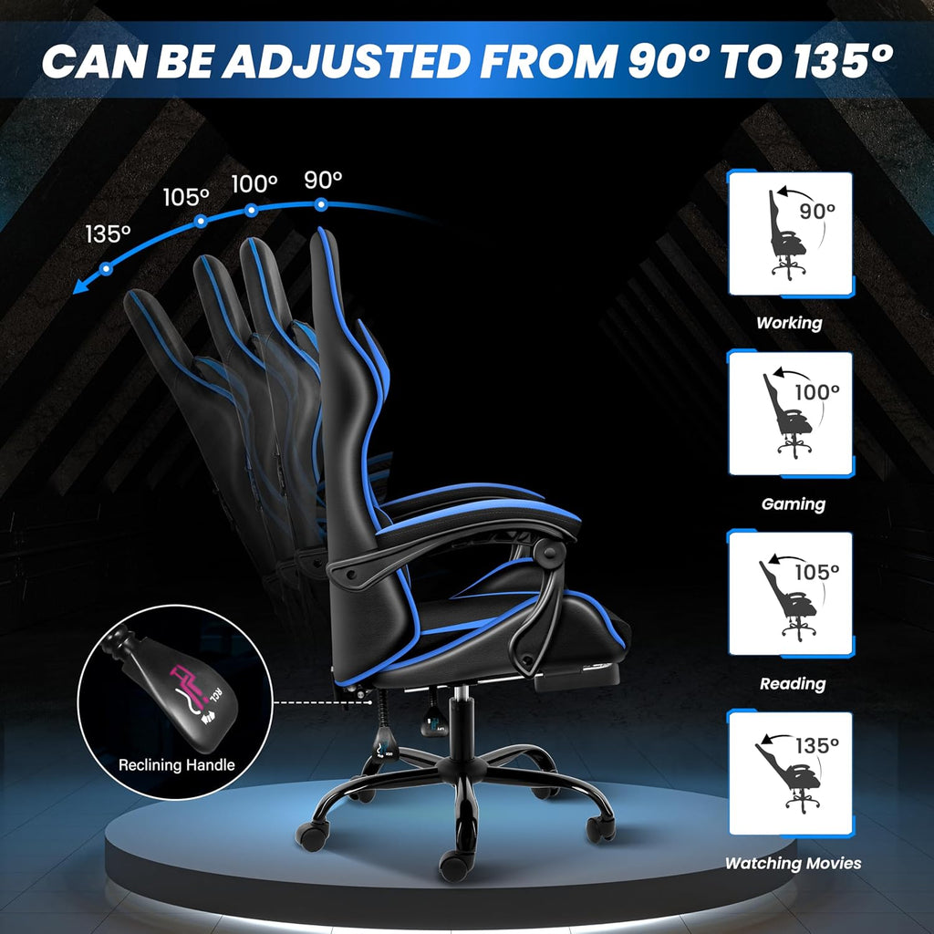 YSSOA Gaming Chair, Computer Chair with Footrest, Height Adjustable & 90°-135° Tilt Function, Swivel Recliner Ergonomic Racing Style Video Game Chair with Lumbar Support (Black/Blue)