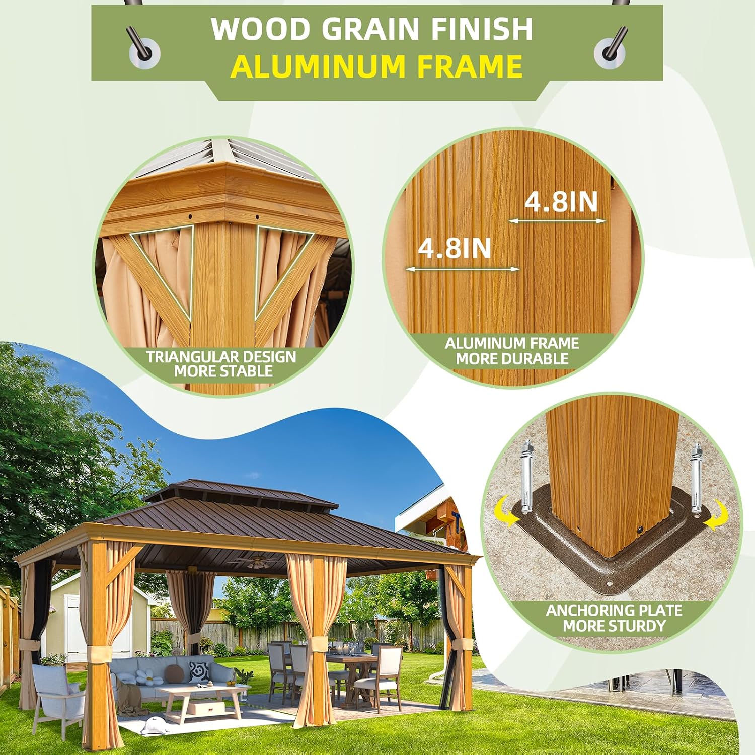 MELLCOM 12'x18' Hardtop Gazebo, Wood Grain Aluminum Frame with Galvanized Steel Double Roof and Water Gutter, Outdoor Permanent Metal Pavilion with Curtains and Nettings for Patios, Gardens and Lawns