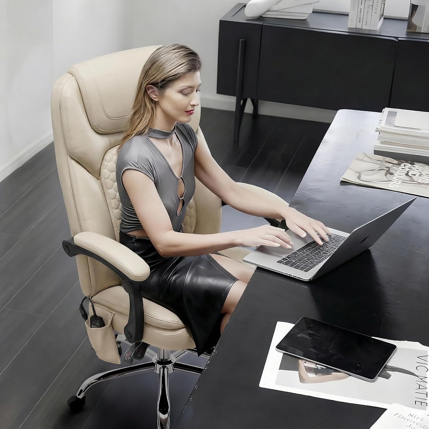 MALOL Massage Office Chair Set of 2 with Heat and Footrest - 3-Level 65°C Targeted Heating, 20-Min Assembly Leather Desk Chair, Big and Tall Executive Computer Chair with Side Pocket, 300 lbs, Beige