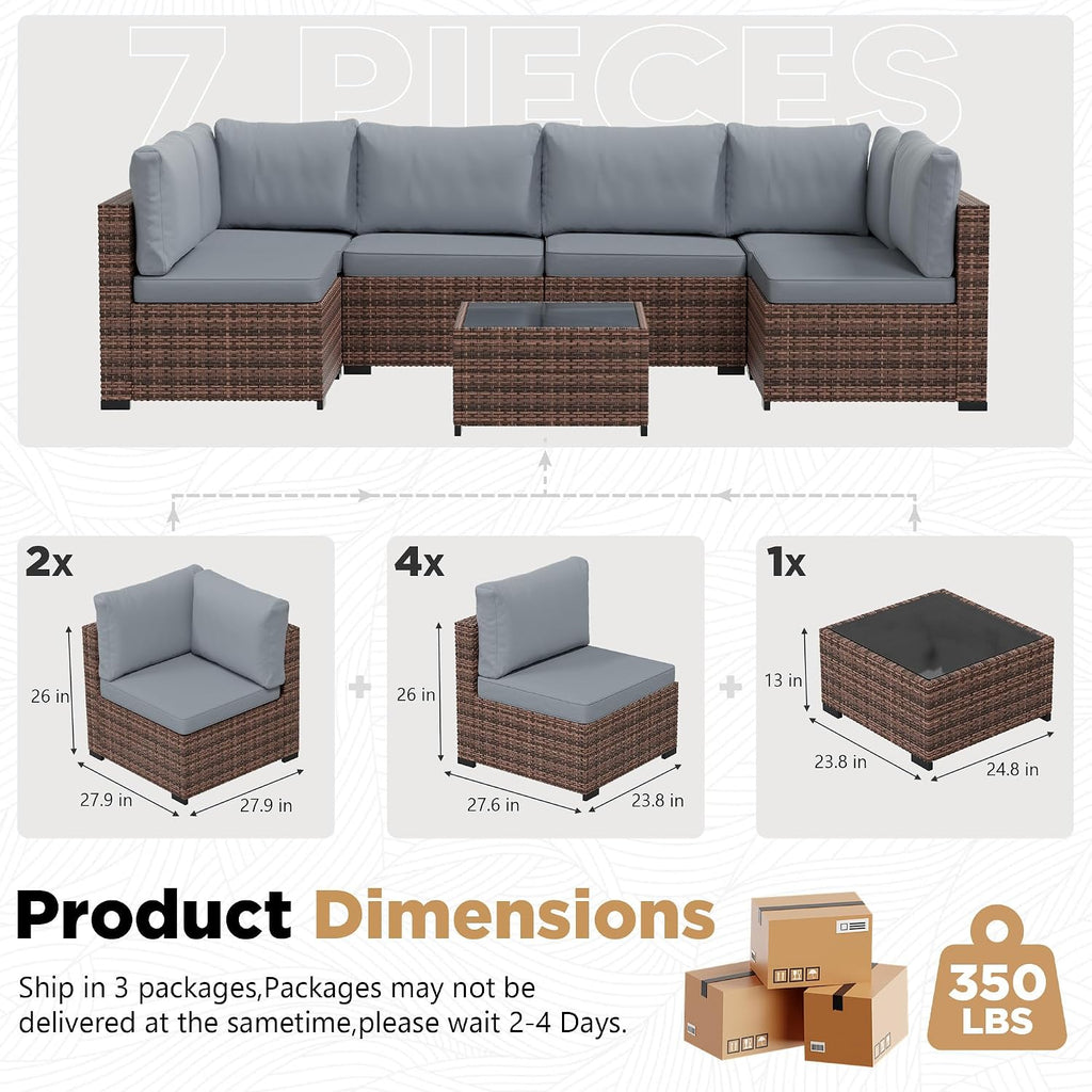 LHBcraft Patio Furniture Set,7 Pieces Outdoor Wicker Rattan Patio Furniture with Rain Cover, Wicker Rattan Outdoor Sectional Sofa Set with Coffee Table for Garden, Taupe-Blue