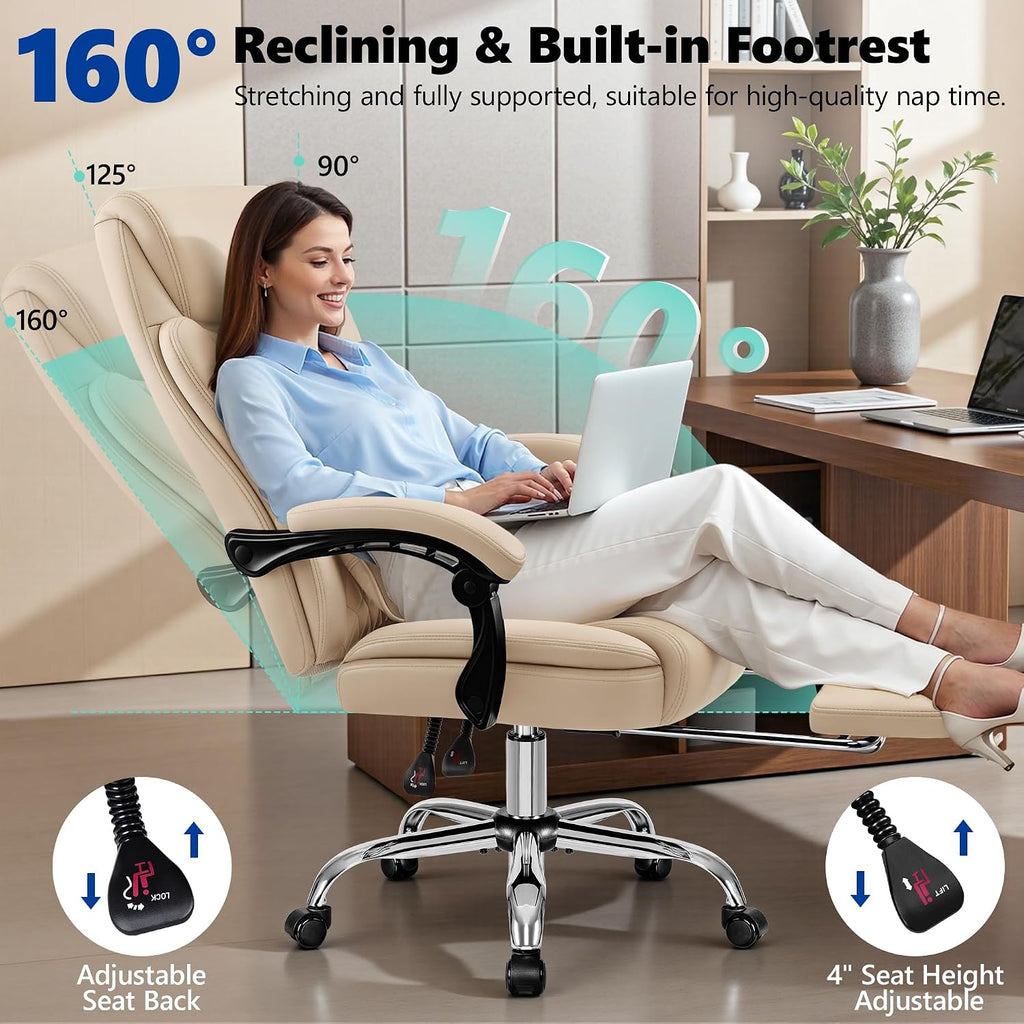 Big and Tall Office Chair 400lbs - Wide Memory Foam Seat with Spring Pack, Reclining Executive Desk Chair with Footrest, Ergonomic Heavy Duty High Back Computer Chair, Khaki