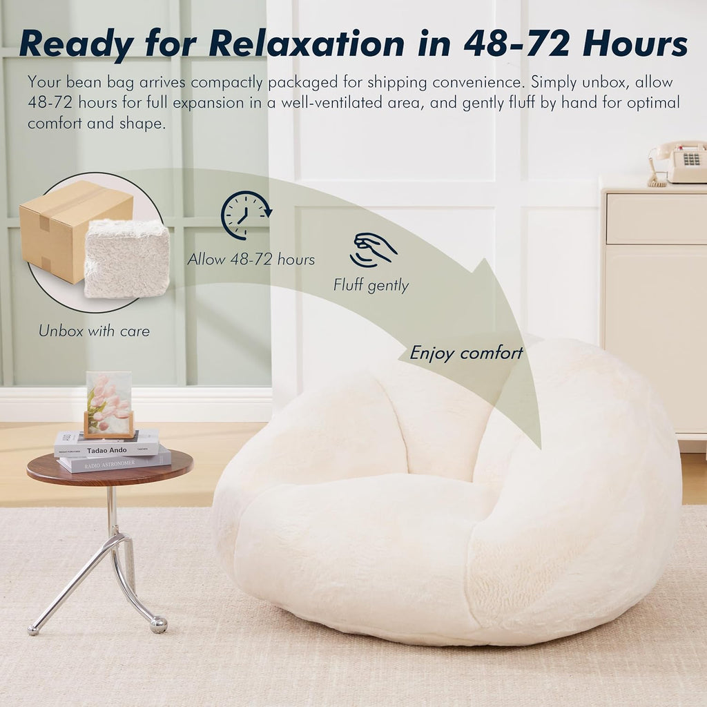 3.28 Feet Bean Bag Chair for Adults, Shell-Shaped Bean Bag Lazy Couch, Faux Fur Cloud Sofa Chair, Lounge Floor Sofa with Filler for Reading, Gaming & Watching, No Assembly Required (Beige)