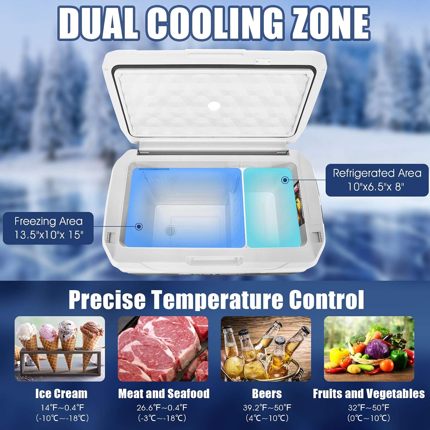 COSTWAY Car Refrigerator with Wheels, 53-Quart Dual-zone Electric Cooler with Telescopic Handle, 12V/24V DC, 100-240V AC, -4°F To 50°F, Portable Fridge Freezer for RV Camping Travel, White+Black