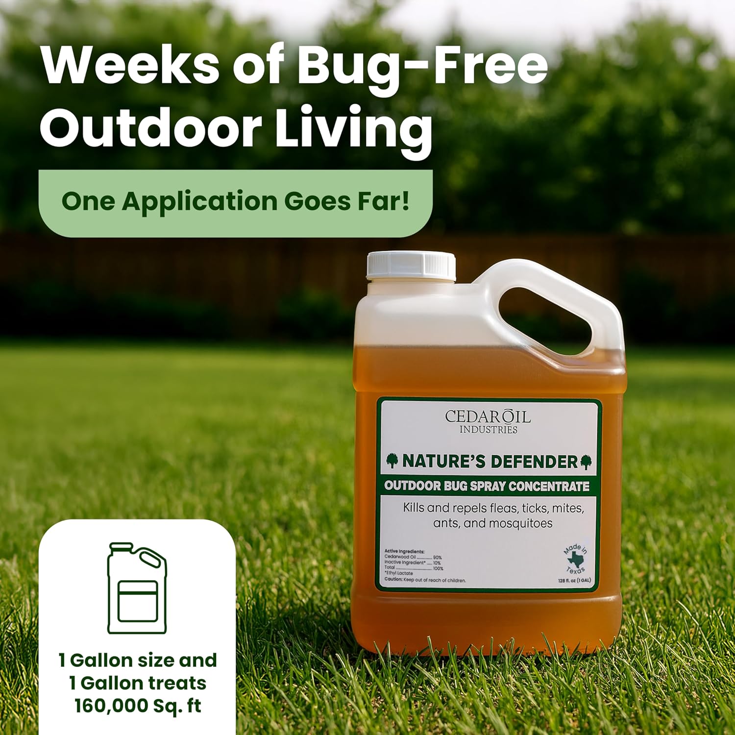 Nature's Defender Outdoor Pest Control Spray – All-Natural Cedarwood Oil Formula for Mosquitoes, Ticks, Fleas, and Ants – Safe for Pets, Kids, & Plants – 128 oz (1Gal) Concentrate Treats 160,000 sq.ft