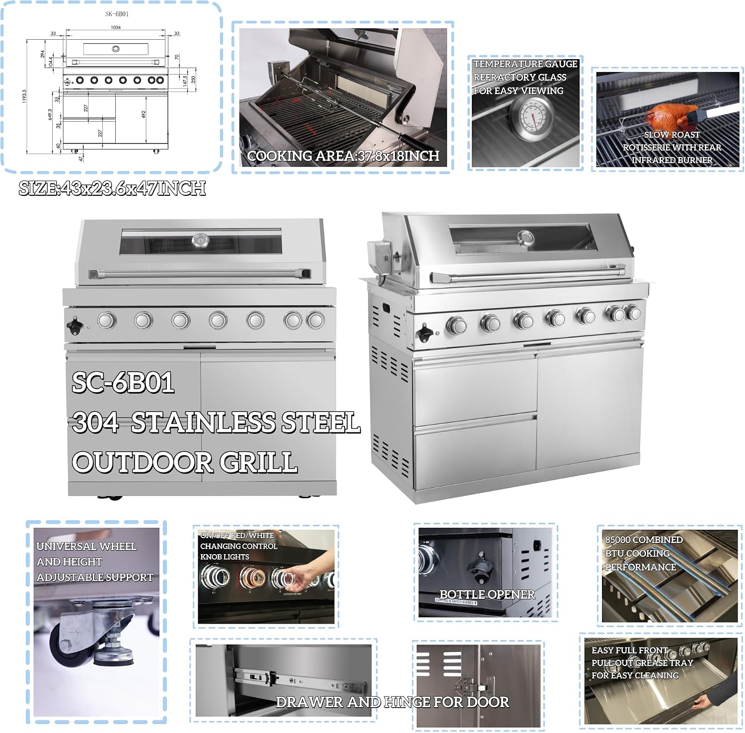 Modular Outdoor Kitchen BBQ Island, 96' Outdoor Kitchen Propane Gas Island Grill with Sink, Compact Refrigerator, Storage Cabinets, Rotisserie Kit (Silver, 96')