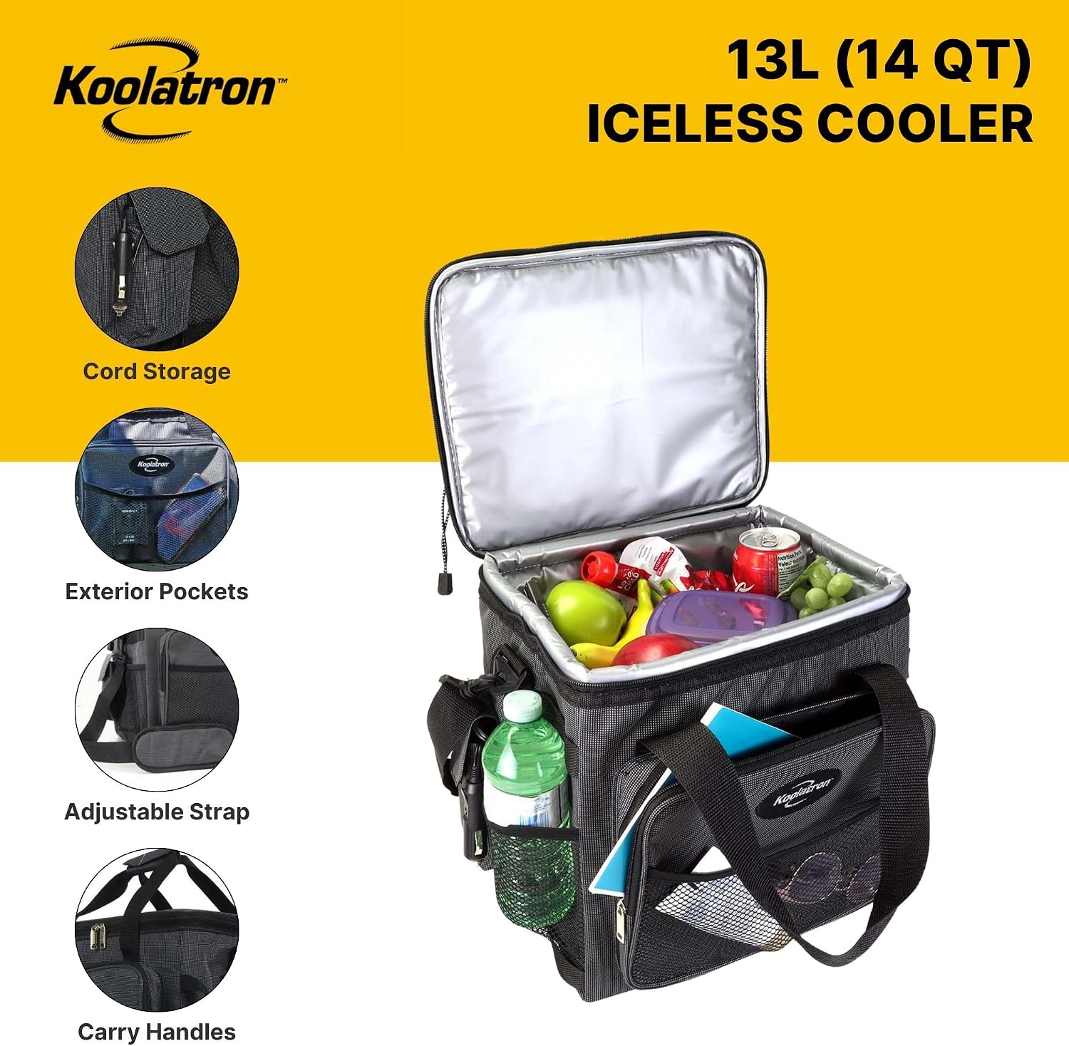 Koolatron Electric Portable Cooler Plug in 12V Car Cooler Bag, 14 qt (13 L) Black/Gray Soft-Sided No Ice Thermo Electric Portable Fridge for Camping, Adjustable Shoulder StrapTravel Road Trips.