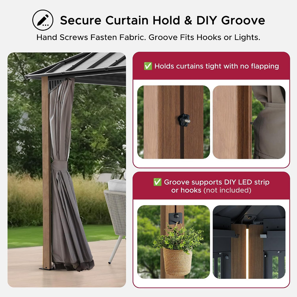 SUNJOY Kingston 14' x 12' Hardtop Gazebo with Galvanized Steel/Polycarbonate Double Roof, Curtain and Netting, Woodgrain Finish Aluminum Posts Permanent Pavilion Gazebo for Garden, Patio, Deck, Lawn