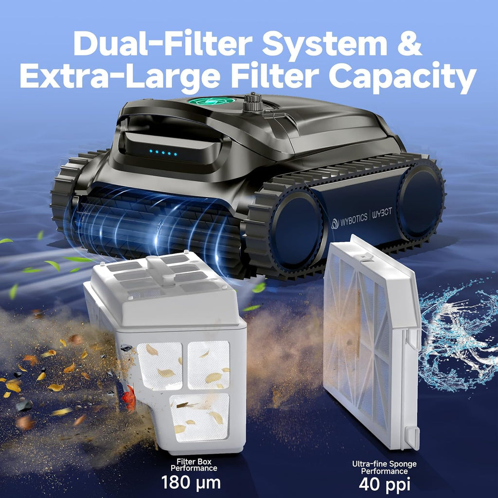 WYBOT M1 Robotic Pool Vacuum Cleaner, 7 Modes & 6 Paths, Dual Filtration, App Control, 120W Brushless Motor, 10,000mAh Battery, 300mins Runtime, Covers 4,305 Sq.Ft, Black&Green