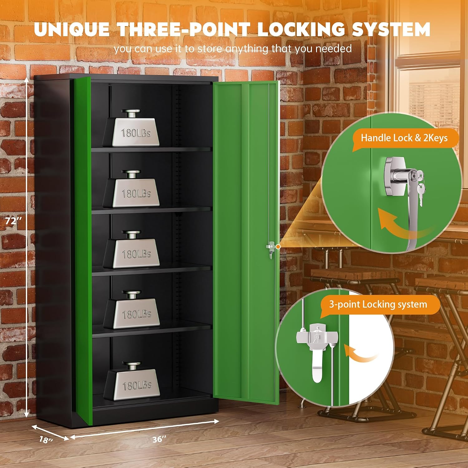 Greenvelly Metal Garage Storage Cabinet with 2 Doors and 4 Adjustable Shelves, 72'H Steel Lockable Storage Cabinet,Tall Metal Cabinet Locking File Cabinet for Office,Home, Garage, Gym, School