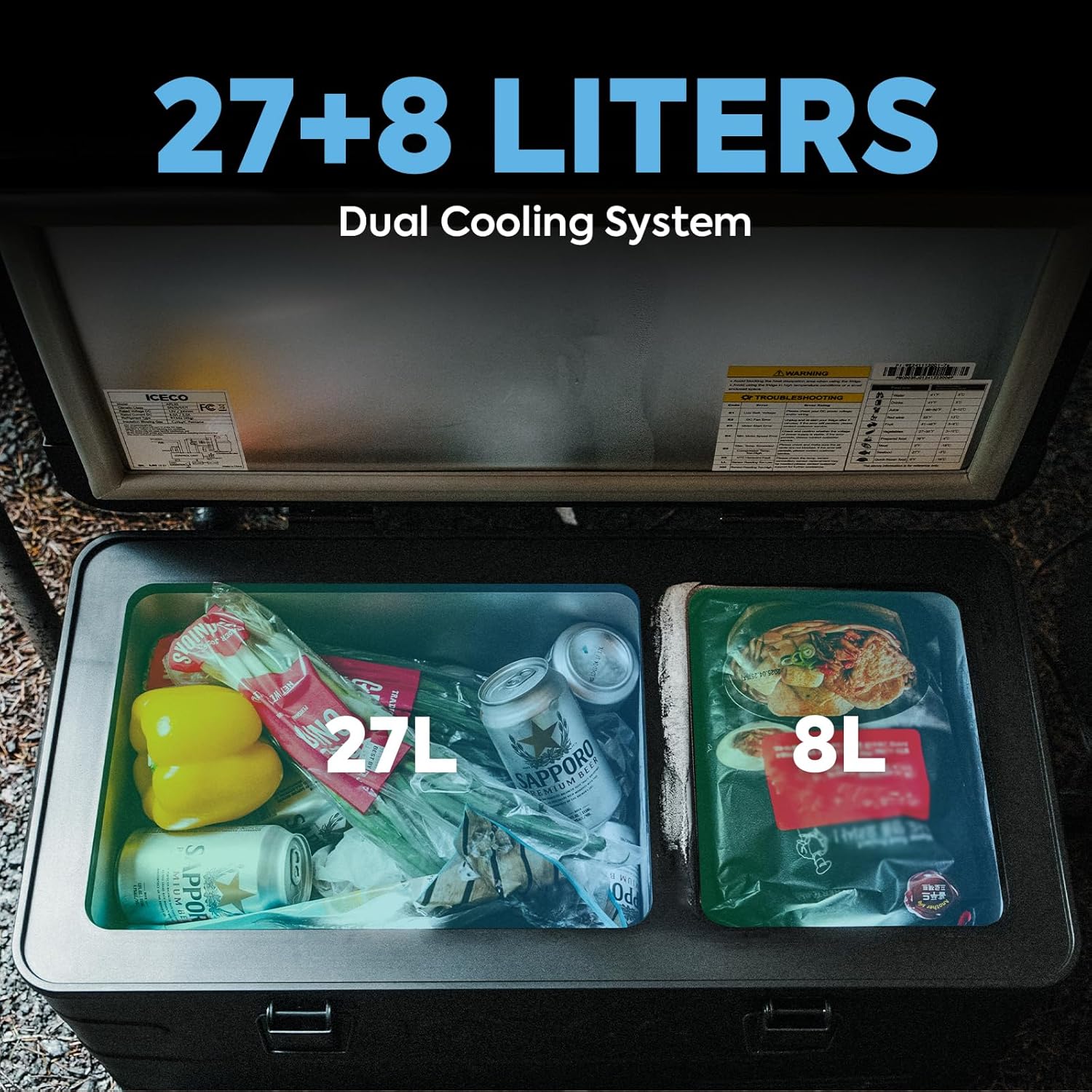 ICECO APL35 Dual Zone Portable Fridge Freezer with Battery, 12 Volt Car Refrigerator, 37 Quart Aluminum Electric Cooler, -4℉~68℉, 12/24V DC, 100-240V AC, Camper Teardrop Ideal for Camping, Outdoor