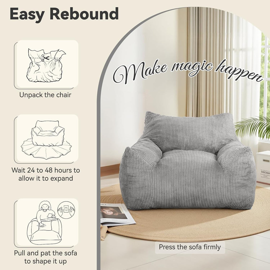 Bean Bag Chair with Ottoman, Oversized Memory Foam Cloud Boneless Couch, Plush Corduroy Beanbag Set for Adults, Teens, Gift for Bedroom, Dorm, Living Room, Reading Nook, Gaming & Lounge (Grey)