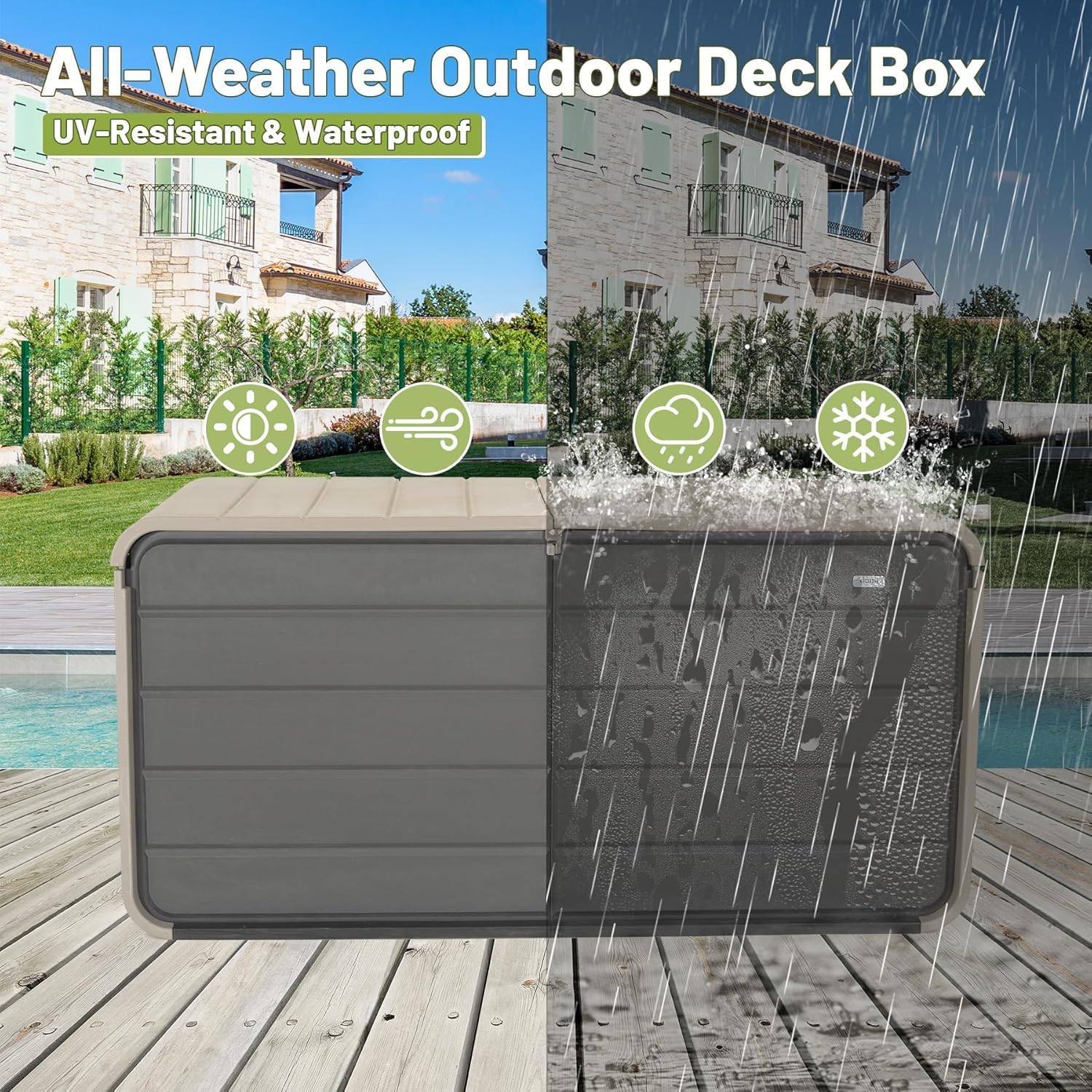 CHUNLY 160 Gallon Plastic Deck Box, Large Patio Storage Box with Lock, Wheels & Waterproof Lid for Outdoor Cushions, Garden and Pool Supplies (Gray)
