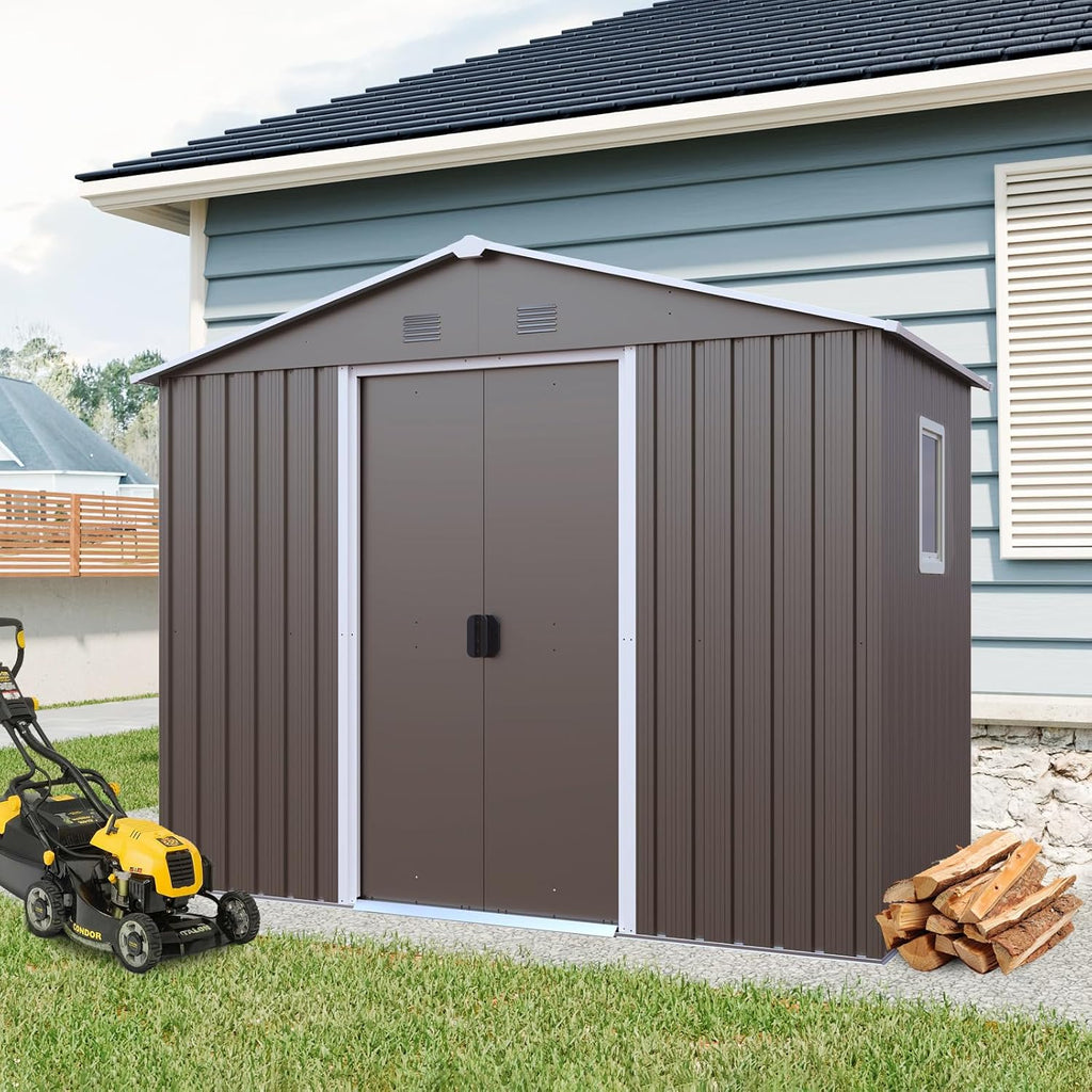 KEIKI 8x4 FT Outdoor Metal Storage Shed with Peaked Roof,Vents,Window and Metal Foundation for Garden Yard Lawn
