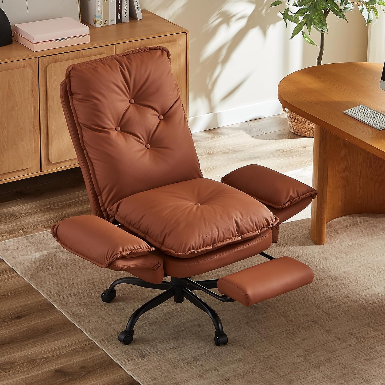 Bestier Cross Legged Office Chair with Footrest, High Back Criss Cross Chair with Reversible Armrests and Wheels, Big and Tall Reclining Office Chair for Home PU Leather Brown