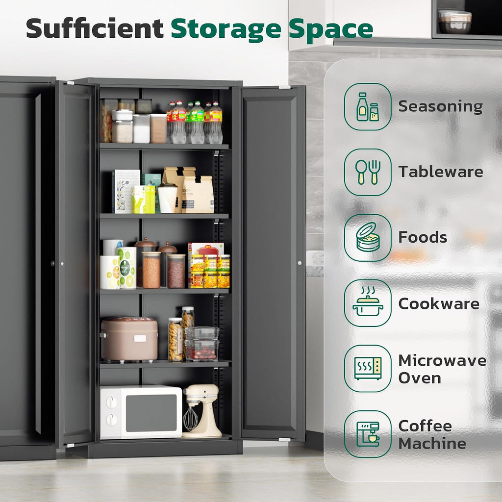 Greenvelly 63' H Black Metal Pantry Storage Cabinet, Locking Metal Cabinet with 4 Adjustable Shelves and 2 Doors for Kitchen, Home, Garage, Pantry