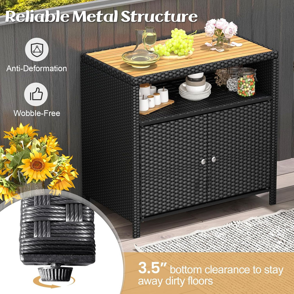 RELAX4LIFE Wicker Outdoor Bar Cabinet - PE Rattan Patio Bar Table w/Acacia Wood Countertop, Open Shelf & 2 Doors, Buffet Sideboard Organizer for Garden Backyard Pool, Outside Storage Cabinet (Black)