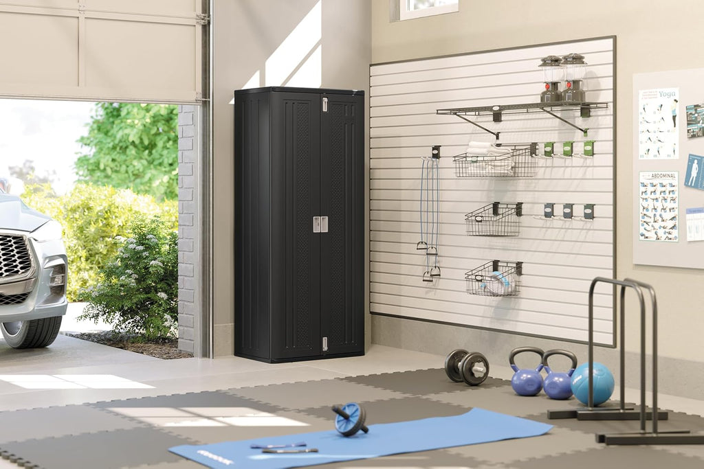 Suncast Tall Storage Cabinet, Black Resin Outdoor & Garage Storage Cabinet with Doors & Shelves, Plastic, Weather-Resistant, Lockable, Freestanding Utility Closet for Tools & Supplies, Made in USA