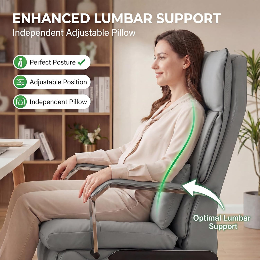 Dual Motor Executive Reclining Office Chair with Footrest – One-Click Electric Recline, Massage Lumbar Support & Pillow, Big and Tall PU Leather Ergonomic Desk Chair for Home Office(Gray)