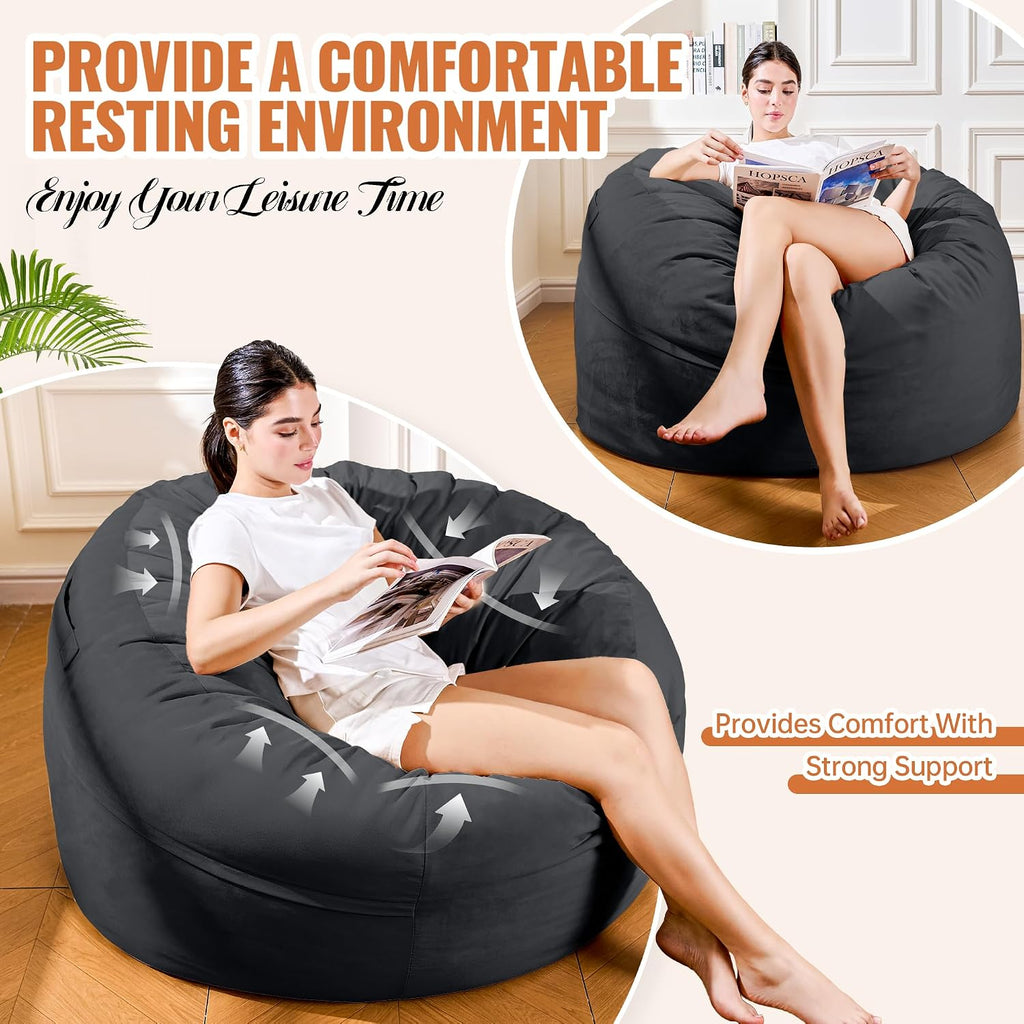 4FT Bean Bag Chair, Bean Bag Chairs for Adults and Kids, Fluffy and Comfy Bean Bag with Velvet Cover, Bean Bag with Memory Foam Filled for Gaming, Living Room, Playroom (Black - Taller version)