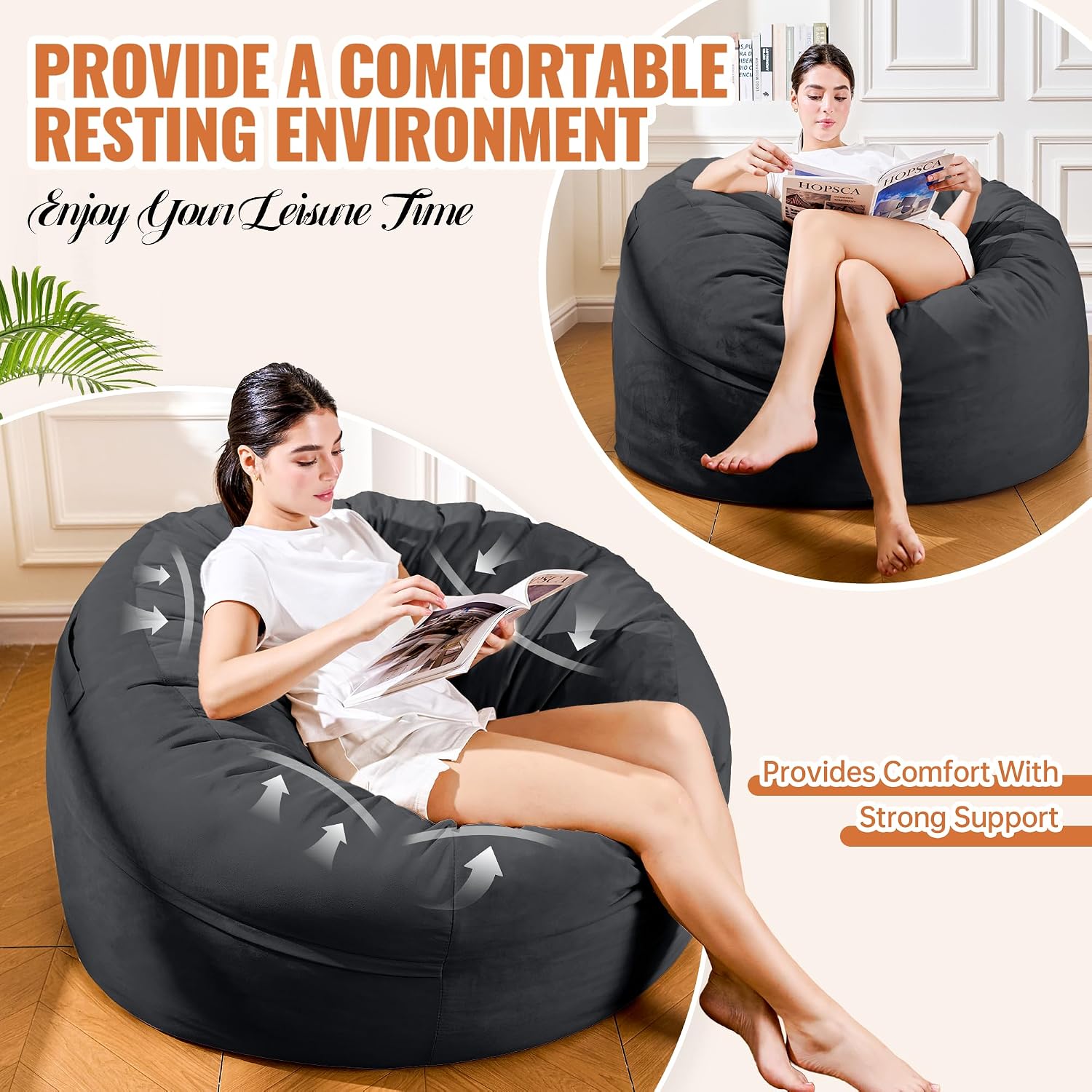 4FT Bean Bag Chair, Bean Bag Chairs for Adults and Kids, Fluffy and Comfy Bean Bag with Velvet Cover, Bean Bag with Memory Foam Filled for Gaming, Living Room, Playroom (Black - Taller version)