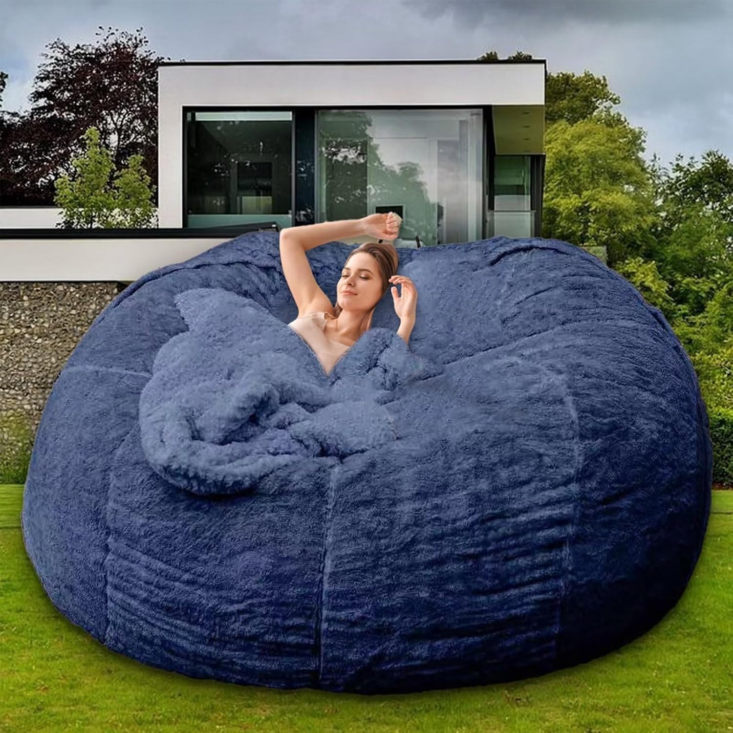 HDMLDP Bean Bag Chair Cover for Kids Adults Without Filling Comfy Giant Round Beanbag Love Sack Covers for Bedroom Living Room, 7FT, Blue