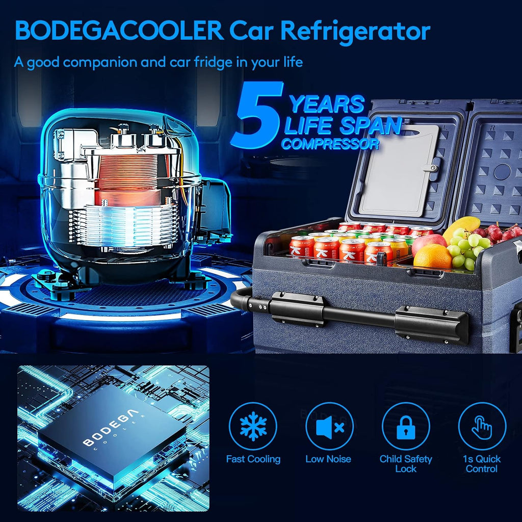 BODEGA BODEGACOOLER 12V Portable Refrigerator,48 Quart(45L) Car Fridge,RV Car Refrigerator,Portable Fridge Freezer, -4℉-68 Cooler APP Control 12/24V DC and 100-240V AC for Car,Travel(2 Doors)