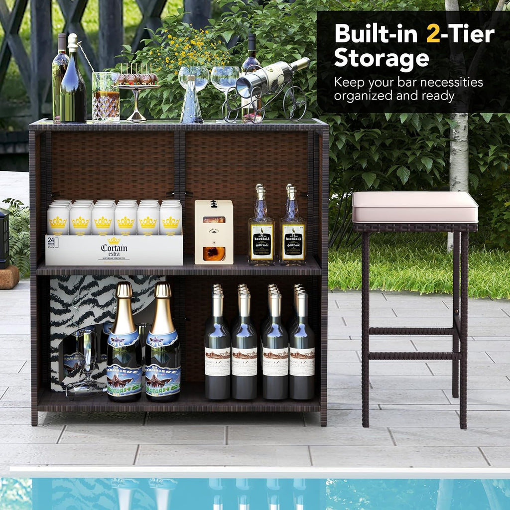 Tangkula Patio Bar Set, 3 Piece Outdoor Rattan Wicker Bar Set with 2 Cushions Stools & Glass Top Table, Outdoor Furniture Set for Patios Backyards Porches Gardens Poolside (Beige)
