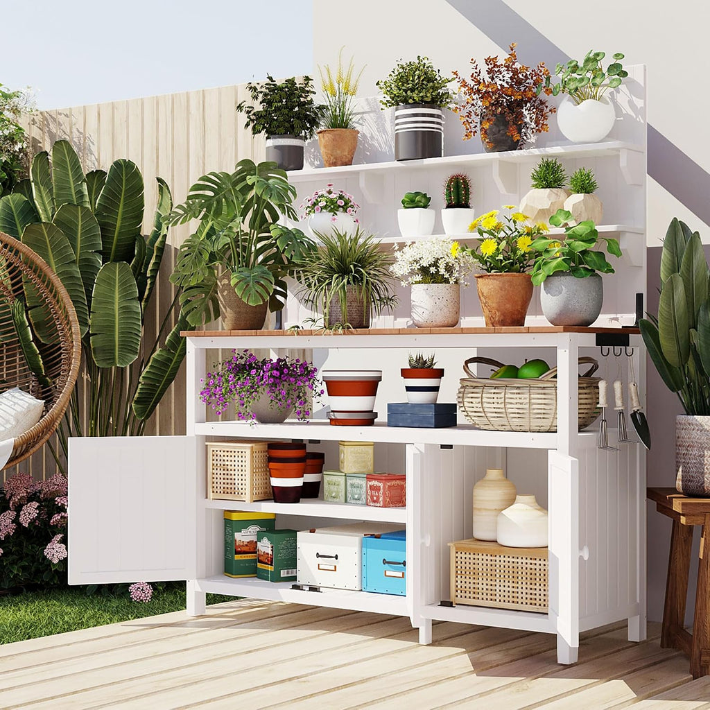 Merax Outdoor Potting Bench Table with Hutch, 50.2' Fir Wood Garden Workstation, Large Countertop, 2 Shelves, 2 Cabinets, 3 Side Hooks, Wooden Gardening Planting Table for Backyard, Patio, White