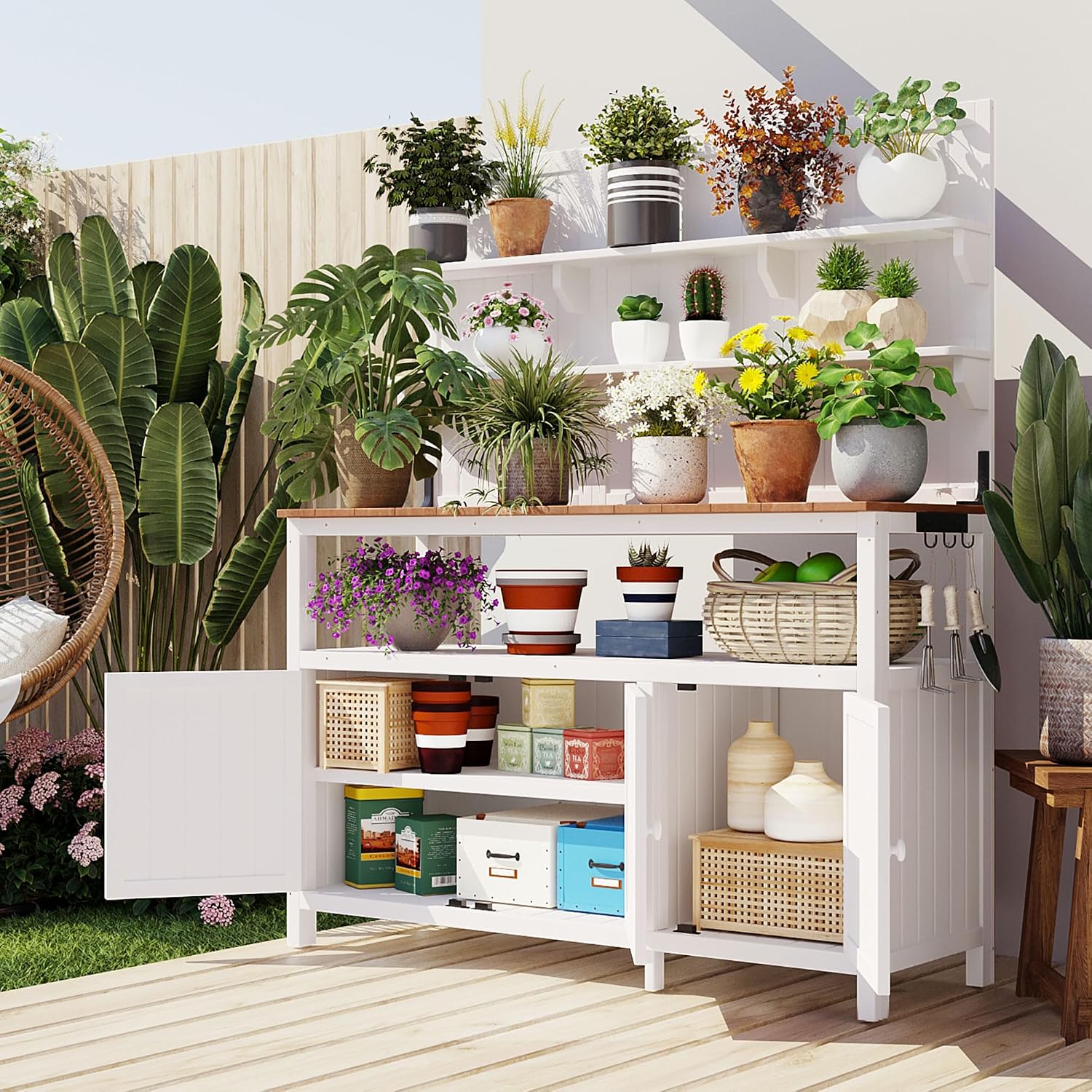 Merax Outdoor Potting Bench Table with Hutch, 50.2' Fir Wood Garden Workstation, Large Countertop, 2 Shelves, 2 Cabinets, 3 Side Hooks, Wooden Gardening Planting Table for Backyard, Patio, White