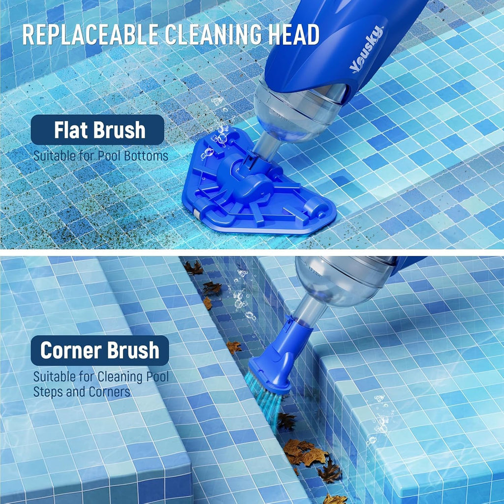 Cordless Pool Vacuum for Above Ground & Inground Pools, 18.5GPM Suction with 2 Brush Heads for Leaves, Debris, with Telescopic Pole Back-Friendly Cleaning, Hot Tub Spa Handheld Cleaner (Blue)