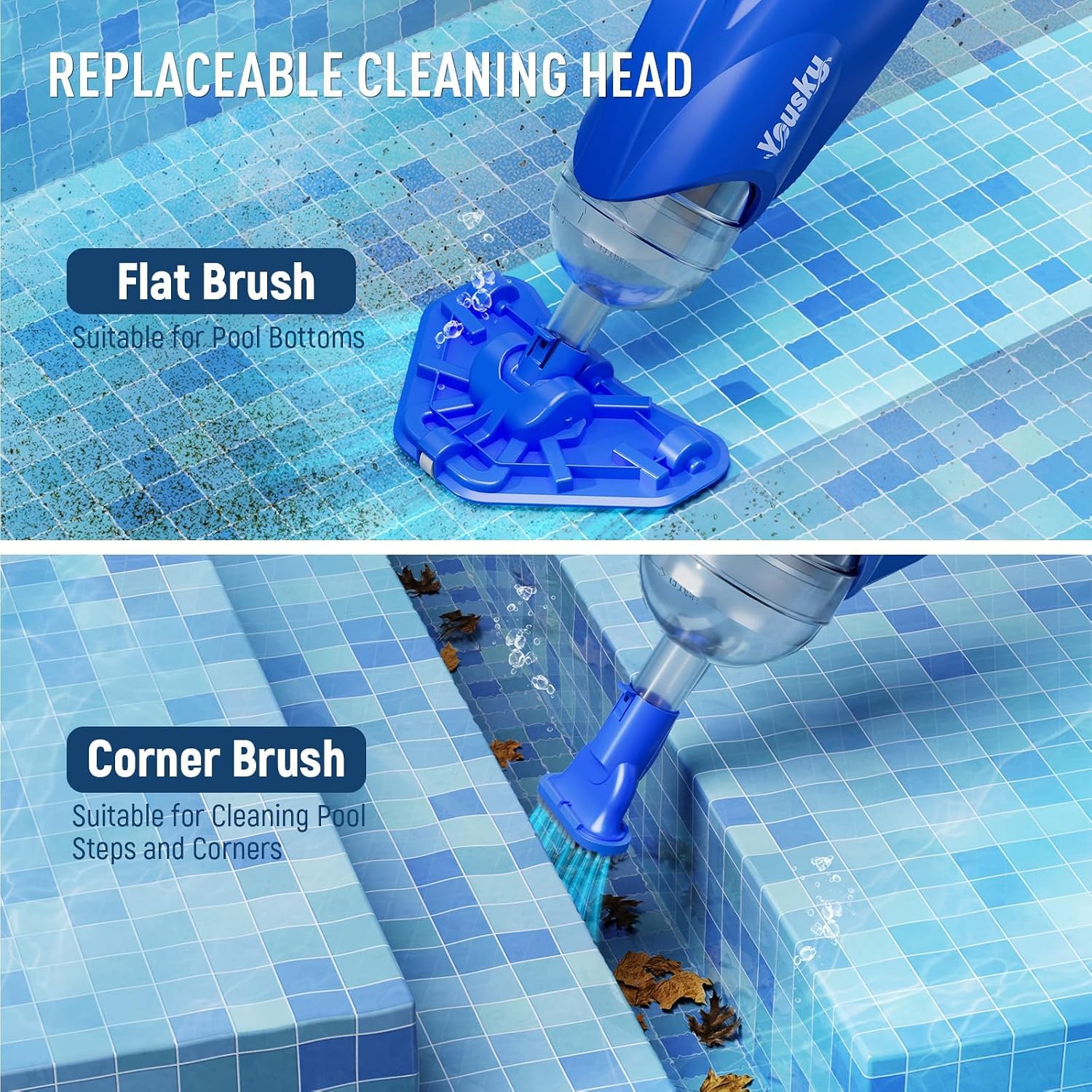 Cordless Pool Vacuum for Above Ground & Inground Pools, 18.5GPM Suction with 2 Brush Heads for Leaves, Debris, with Telescopic Pole Back-Friendly Cleaning, Hot Tub Spa Handheld Cleaner (Blue)