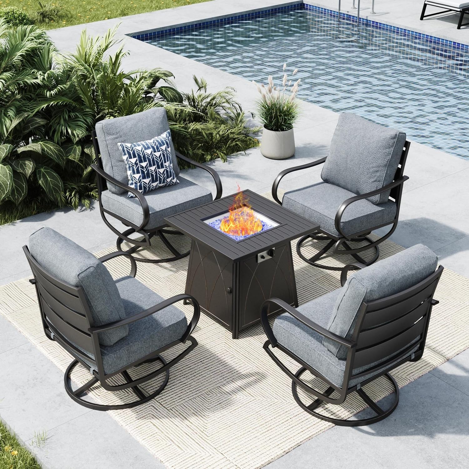 MFSTUDIO 5 Pieces Patio Conversation Sets, Outdoor Metal Furniture Sofas with 1 x 28 50,000 BTU Square Propane Gas Fire Pit Table and 4 x Steel Frame Patio Sofa Swivel Chairs with Grey Cushion